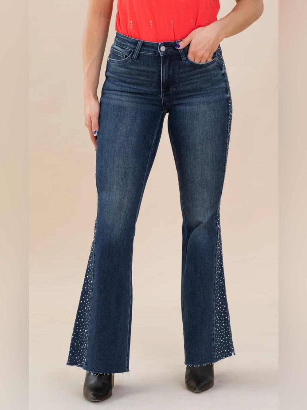 Judy Blue Rhinestone Side Detail Flare Jean Festival Glam Denim Western Stretch - Picture 3 of 13